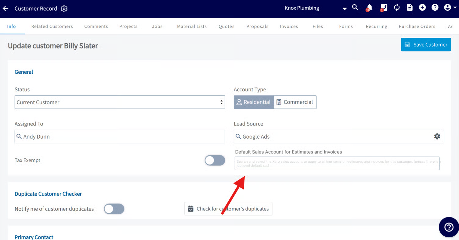 Customer record edit form showing the Default Sales Account for Estimates and Invoices field
