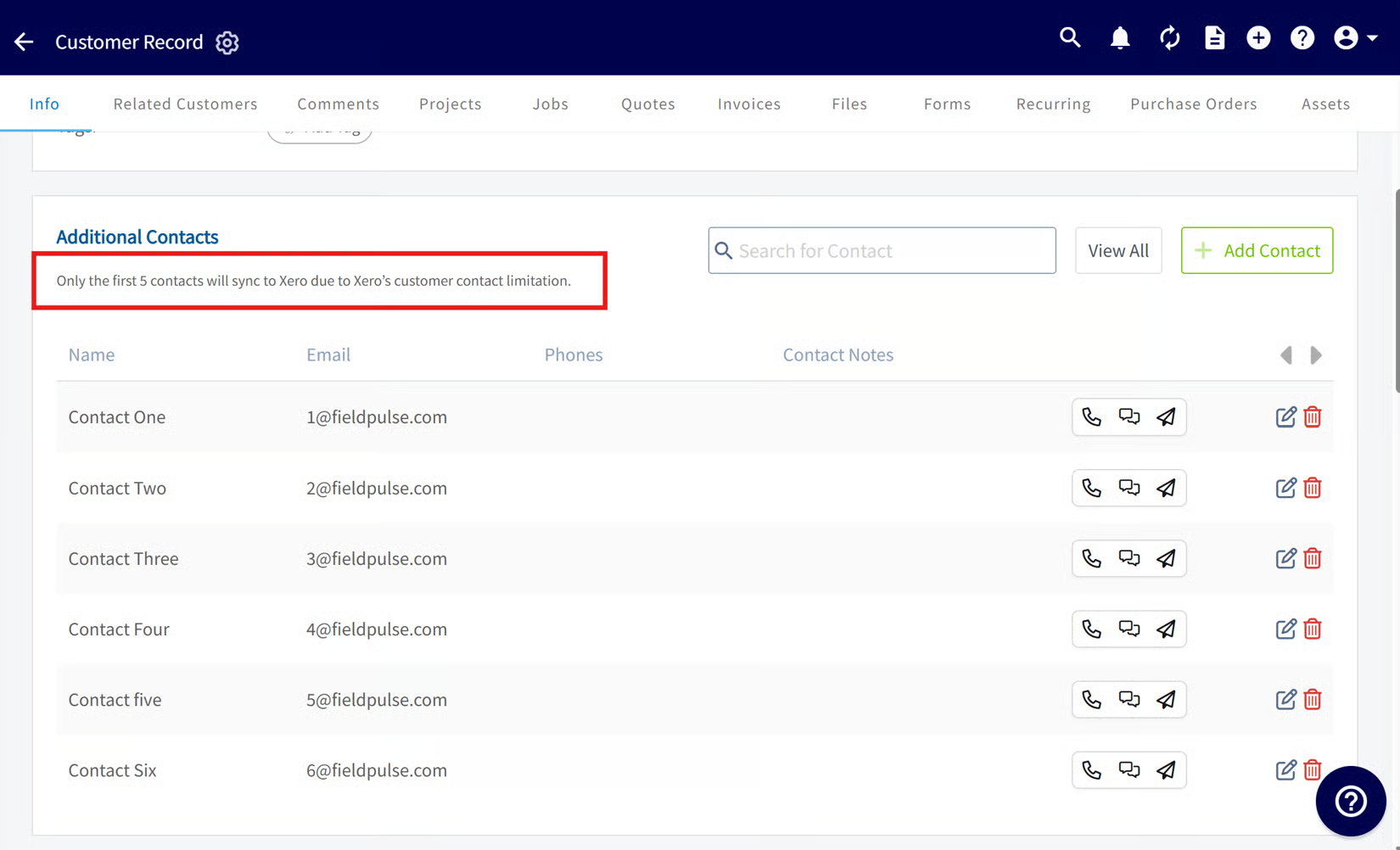 Customer Record Additional Contacts list with the note that only the first 5 contacts sync