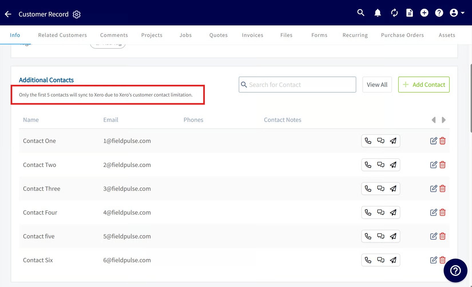 Customer Record Additional Contacts list with the note that only the first 5 contacts sync
