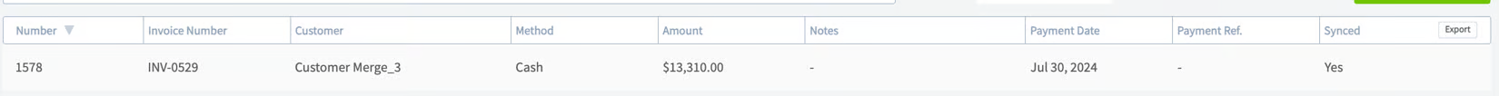FieldPulse payments list row for invoice INV-0529 showing amount, date, and Synced Yes