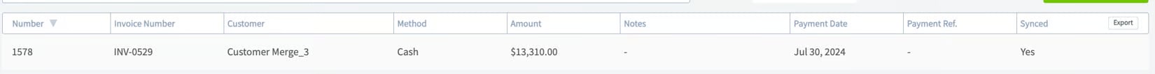 FieldPulse payments list row for invoice INV-0529 showing amount, date, and Synced Yes