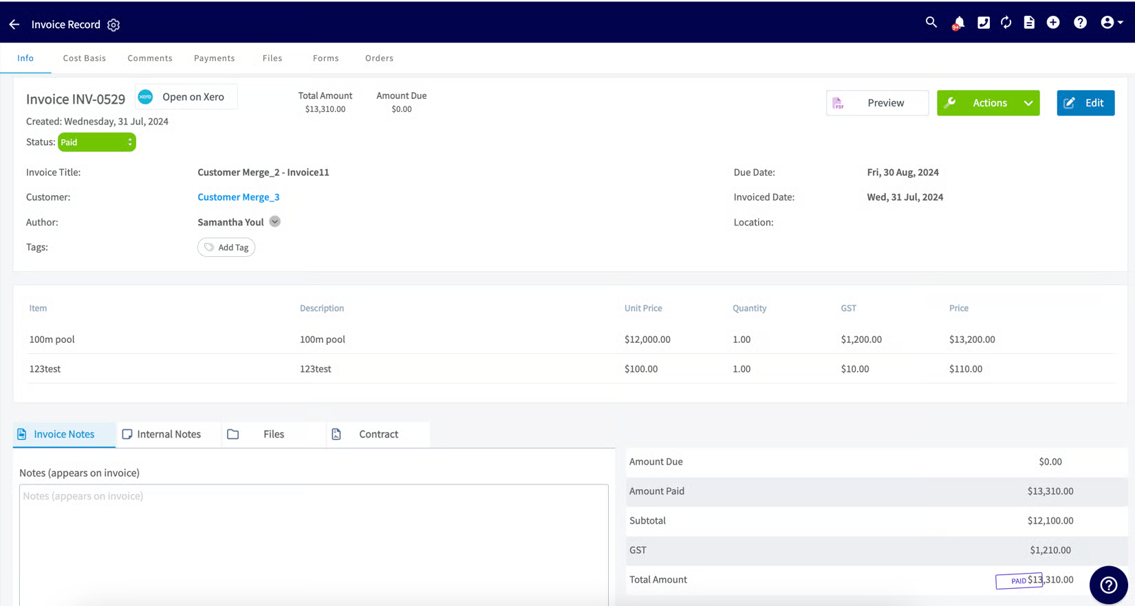 FieldPulse invoice record INV-0529 in Paid status with line items and GST totals