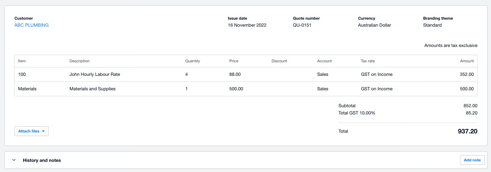 Xero quote QU-0151 with matching line items, GST on Income tax rate, and total