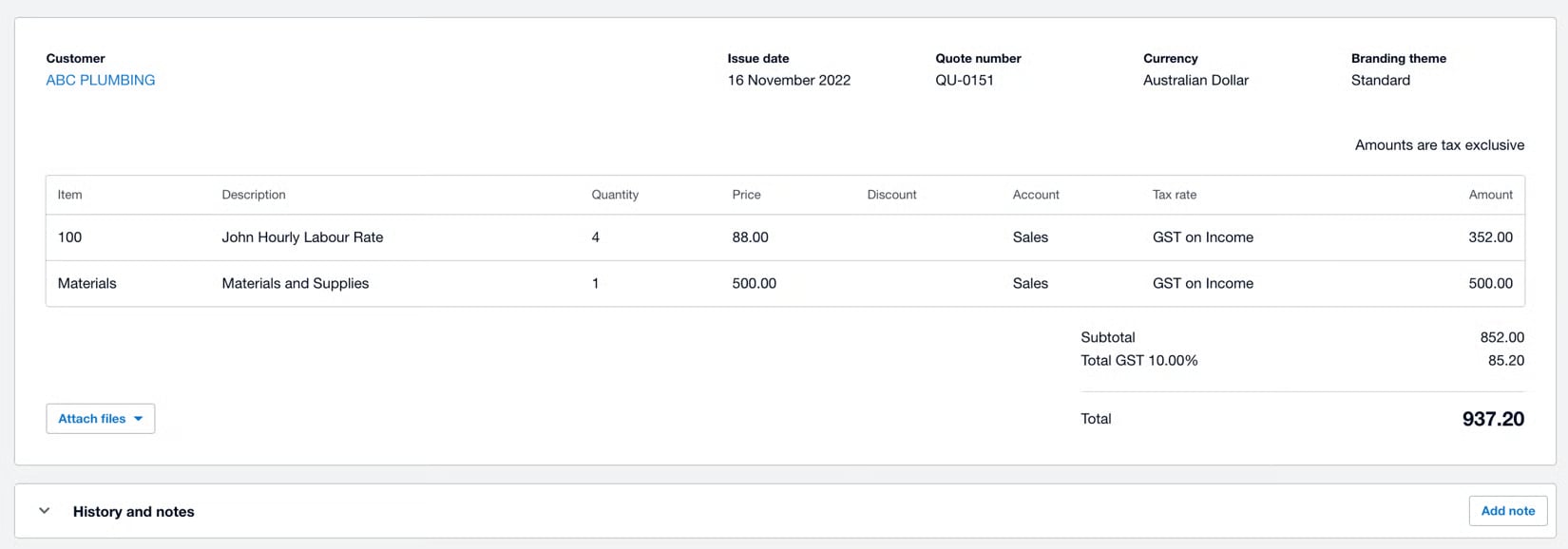 Xero quote QU-0151 with matching line items, GST on Income tax rate, and total