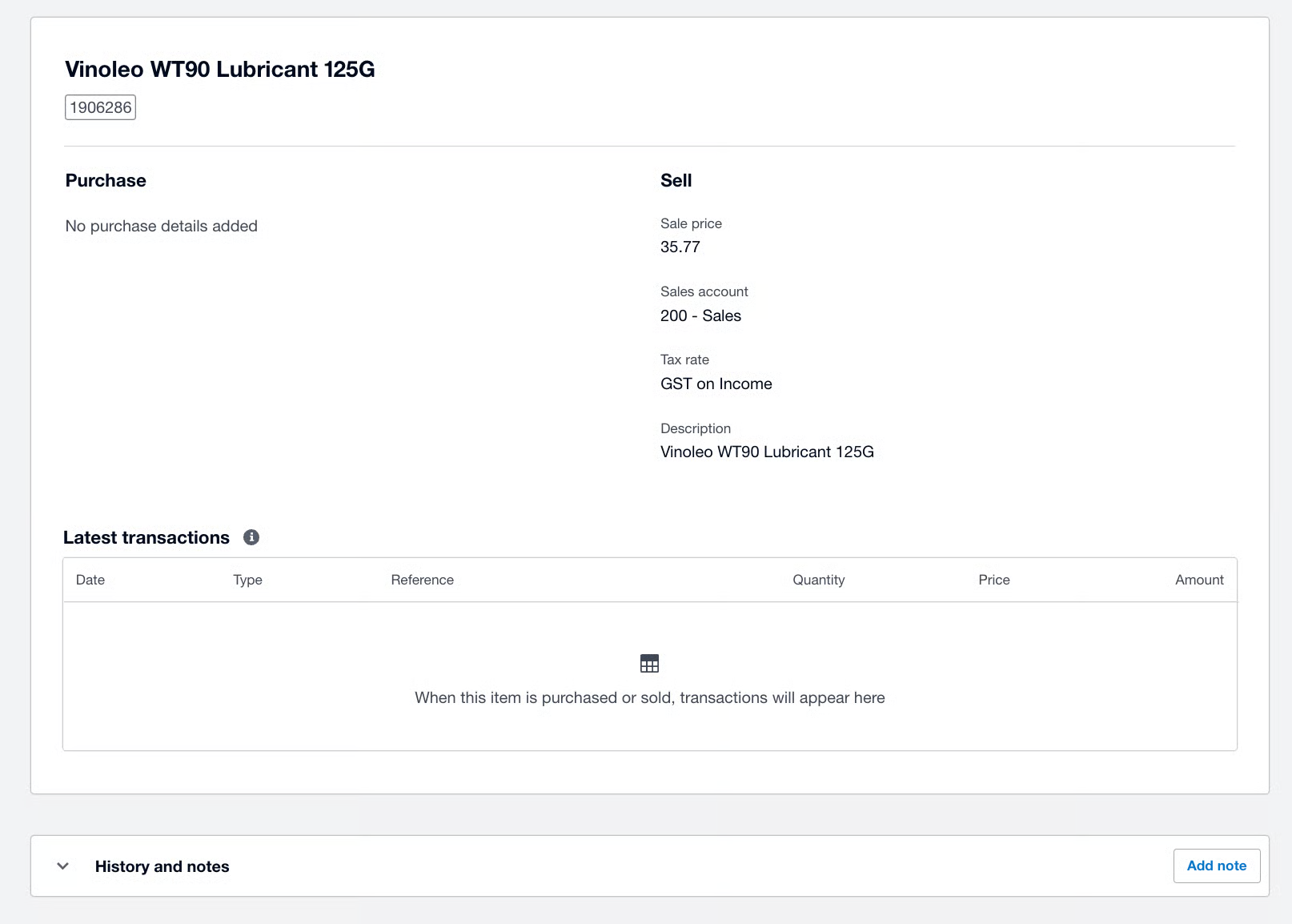 Xero item page for Vinoleo WT90 Lubricant showing sale price, sales account, and tax rate