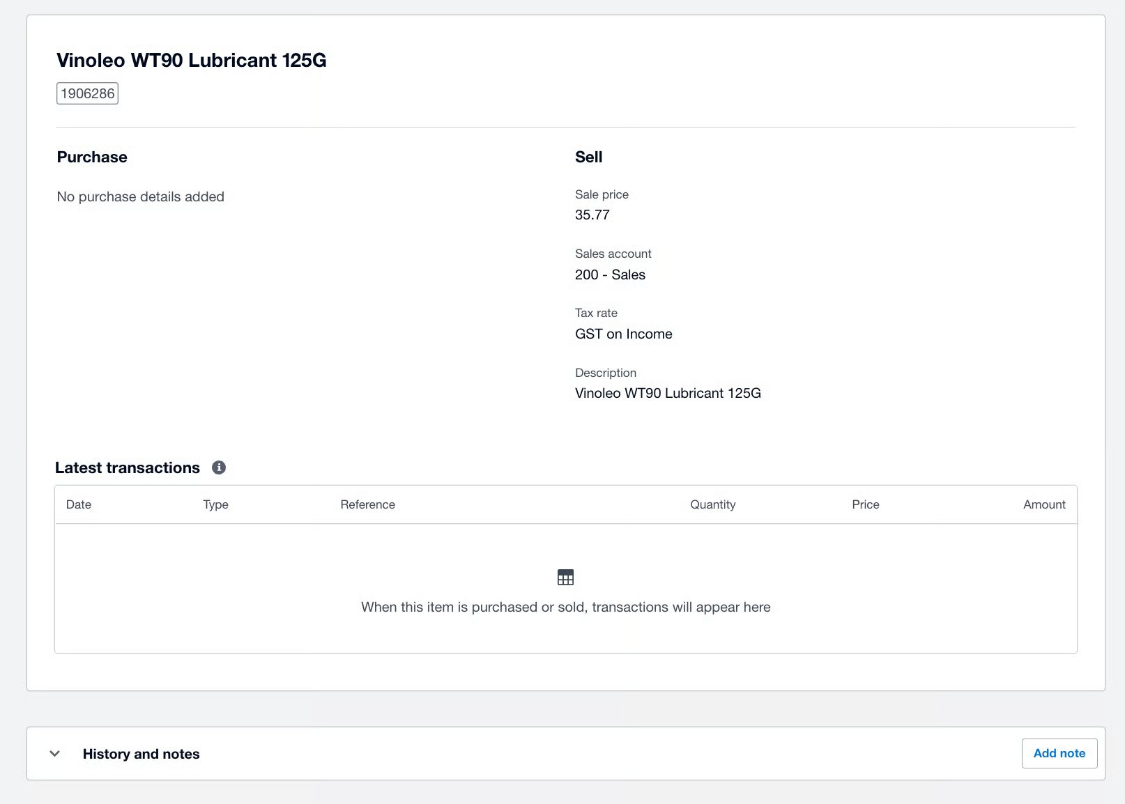 Xero item page for Vinoleo WT90 Lubricant showing sale price, sales account, and tax rate