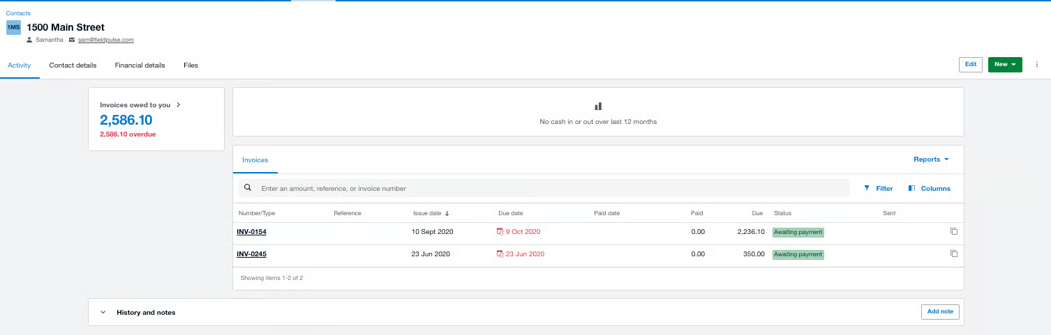 Xero contact page for 1500 Main Street listing synced invoices and amounts owed