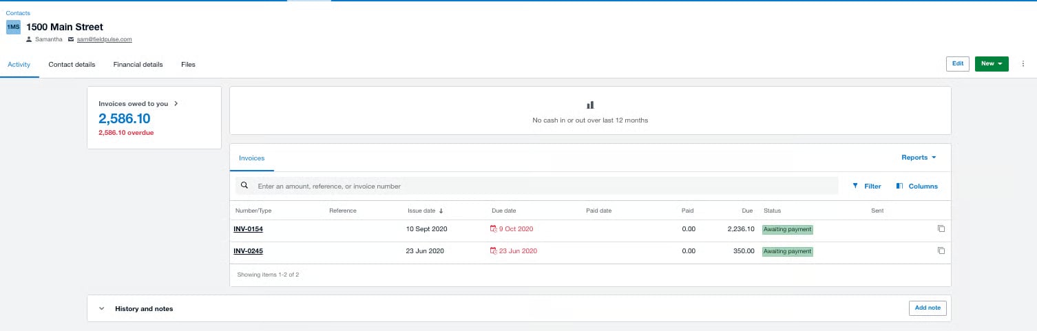 Xero contact page for 1500 Main Street listing synced invoices and amounts owed
