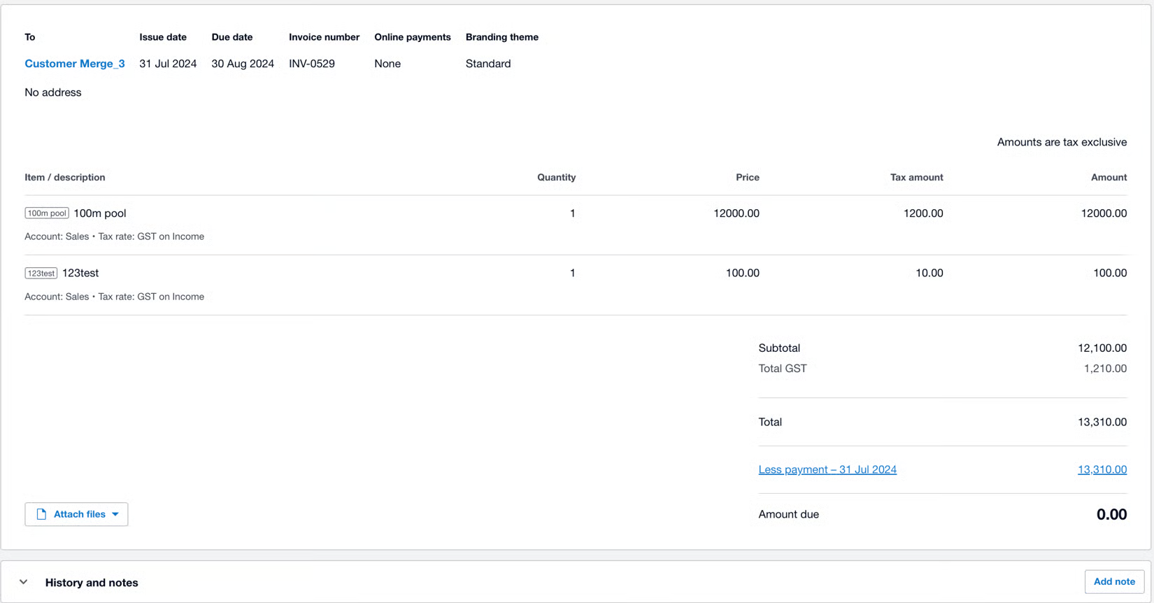 Xero invoice INV-0529 showing line items, GST, payment applied, and zero amount due