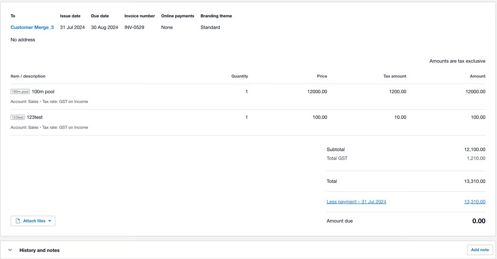 Xero invoice INV-0529 showing line items, GST, payment applied, and zero amount due