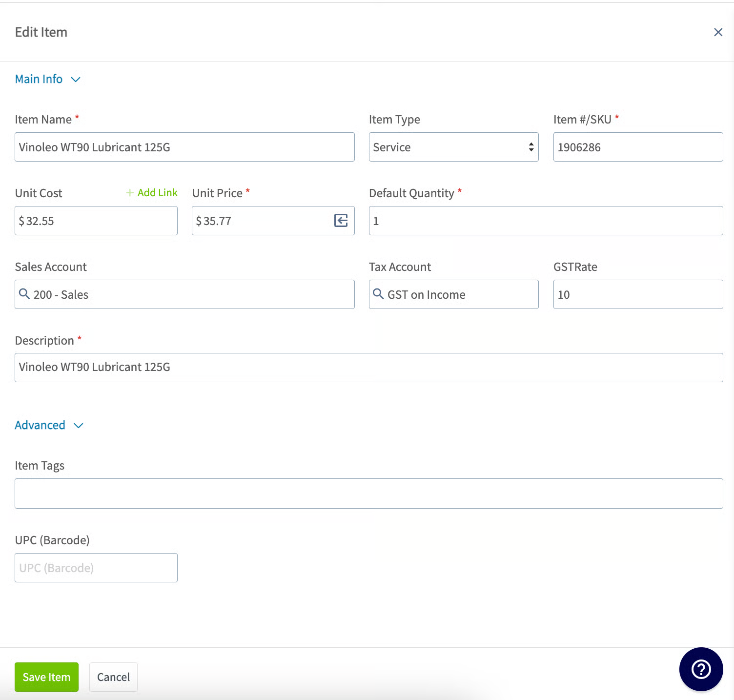 FieldPulse Edit Item dialog with item name, SKU, sales account, and GST rate fields
