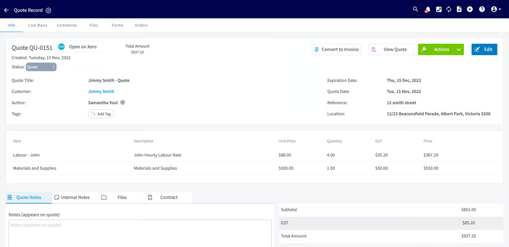 FieldPulse quote record QU-0151 with line items, GST, and total amount