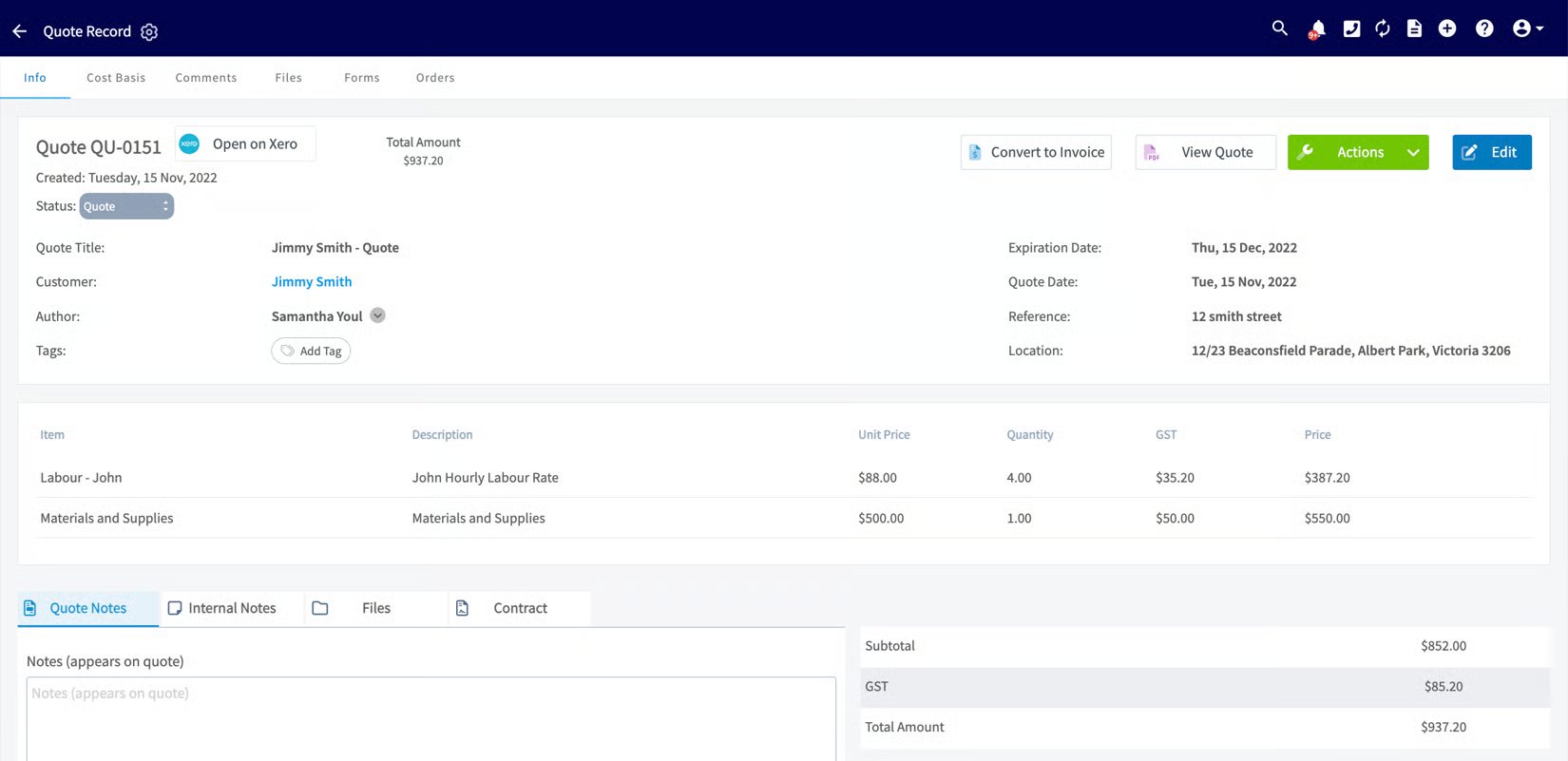FieldPulse quote record QU-0151 with line items, GST, and total amount