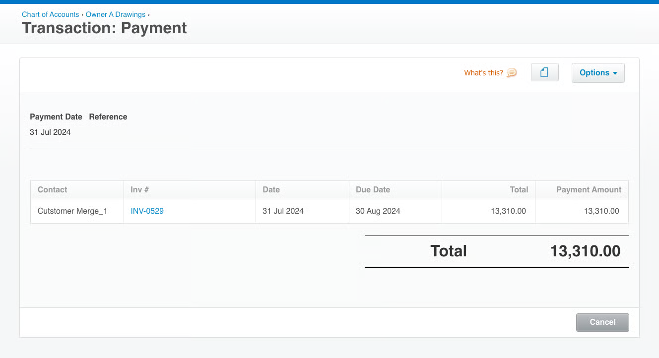Xero Transaction: Payment page for invoice INV-0529 with the payment amount and total
