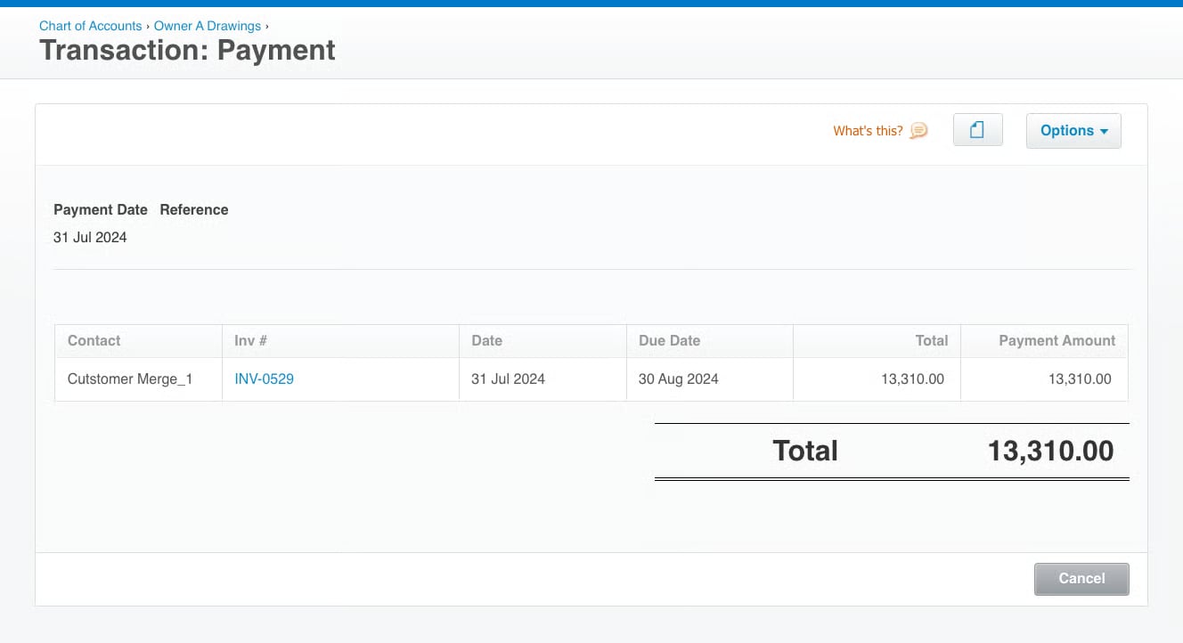 Xero Transaction: Payment page for invoice INV-0529 with the payment amount and total