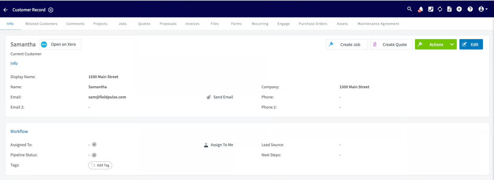 FieldPulse customer record for Samantha showing display name, email, and Open on Xero button