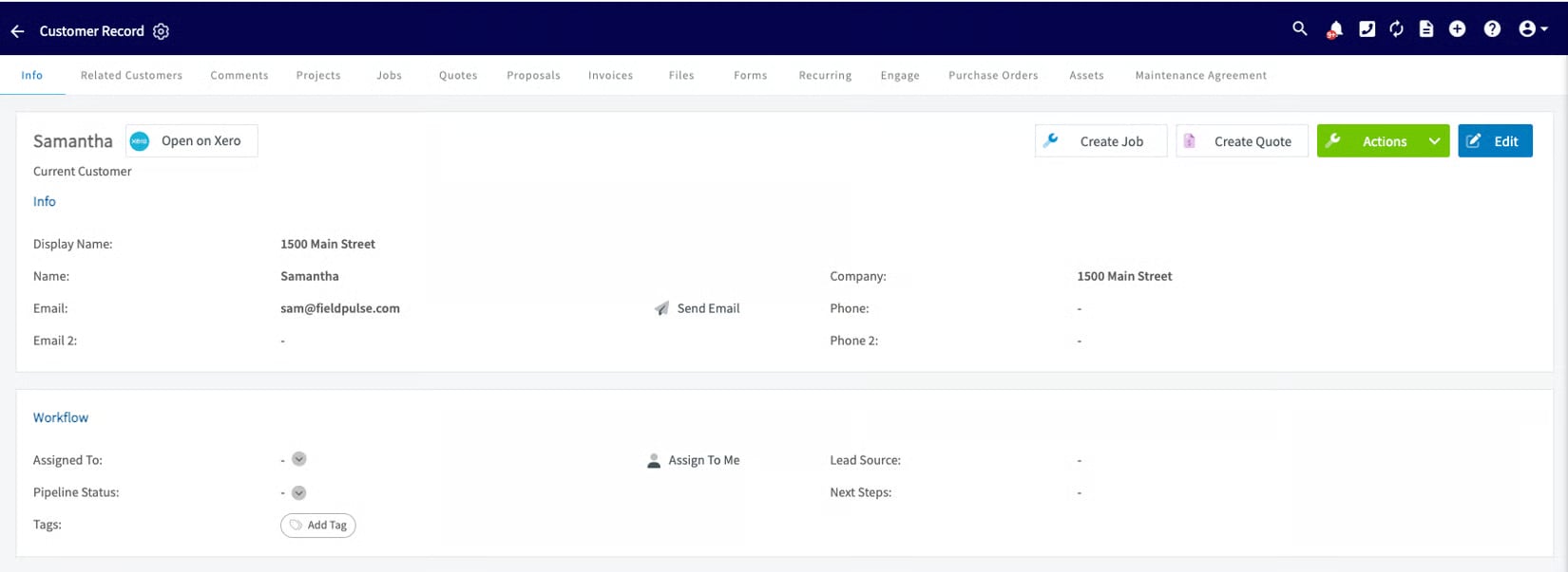 FieldPulse customer record for Samantha showing display name, email, and Open on Xero button