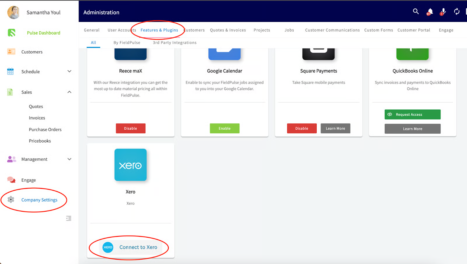 FieldPulse Company Settings Features & Plugins tab with the Xero tile's Connect to Xero button