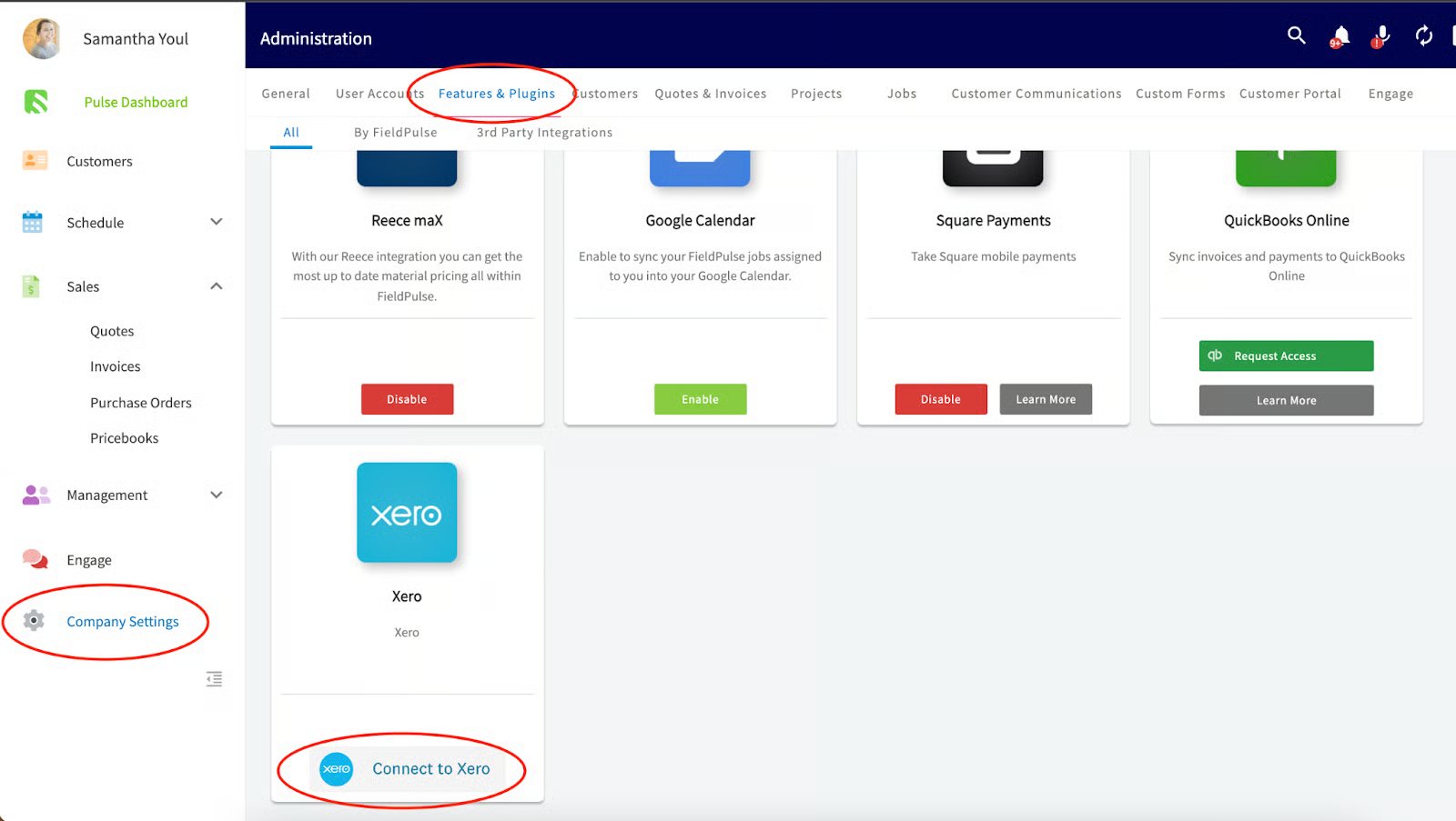 FieldPulse Company Settings Features & Plugins tab with the Xero tile's Connect to Xero button