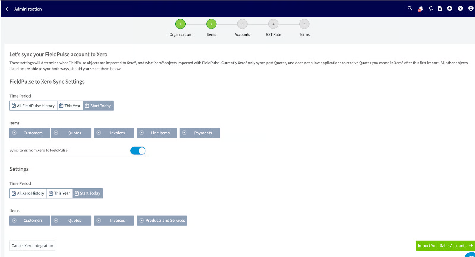 Xero sync setup wizard Items step with time period and record type selectors