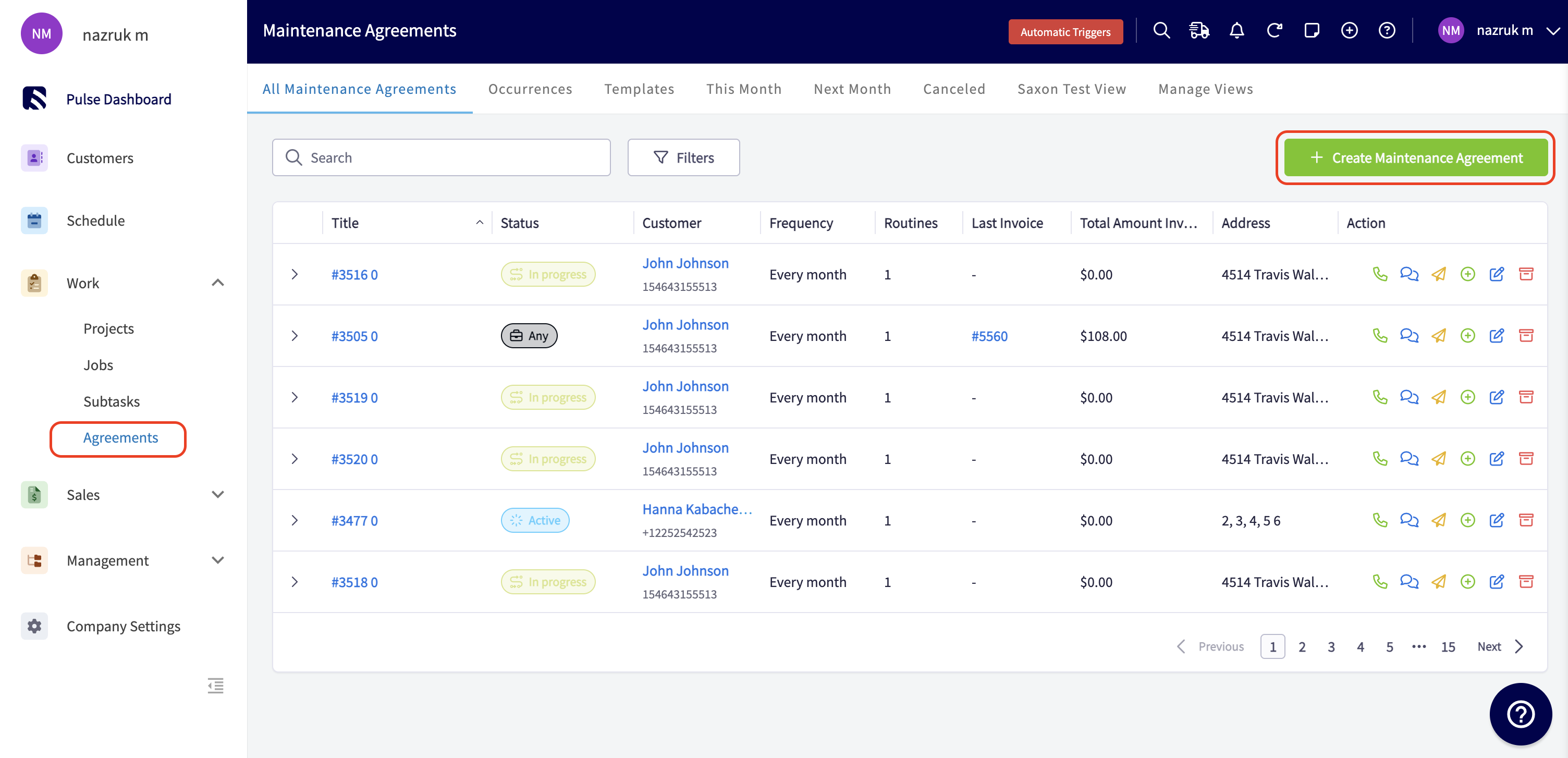 The All Maintenance Agreements tab with Agreements selected under Work in the left menu and the Create Maintenance Agreement button highlighted