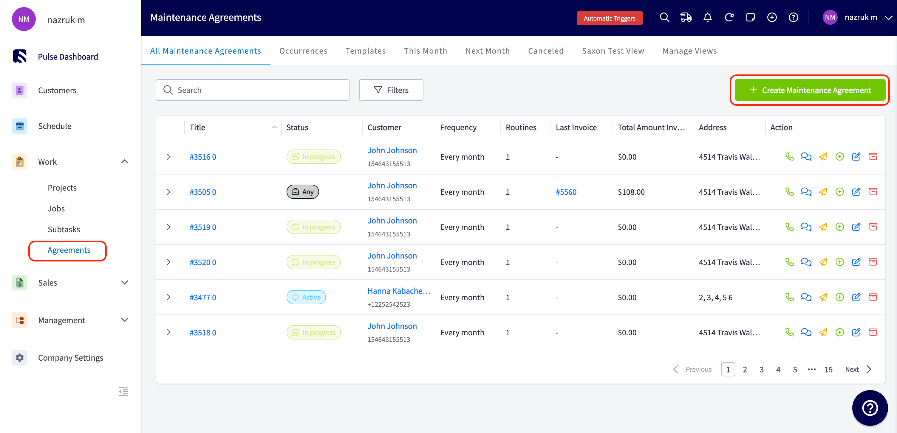The All Maintenance Agreements tab with Agreements selected under Work in the left menu and the Create Maintenance Agreement button highlighted