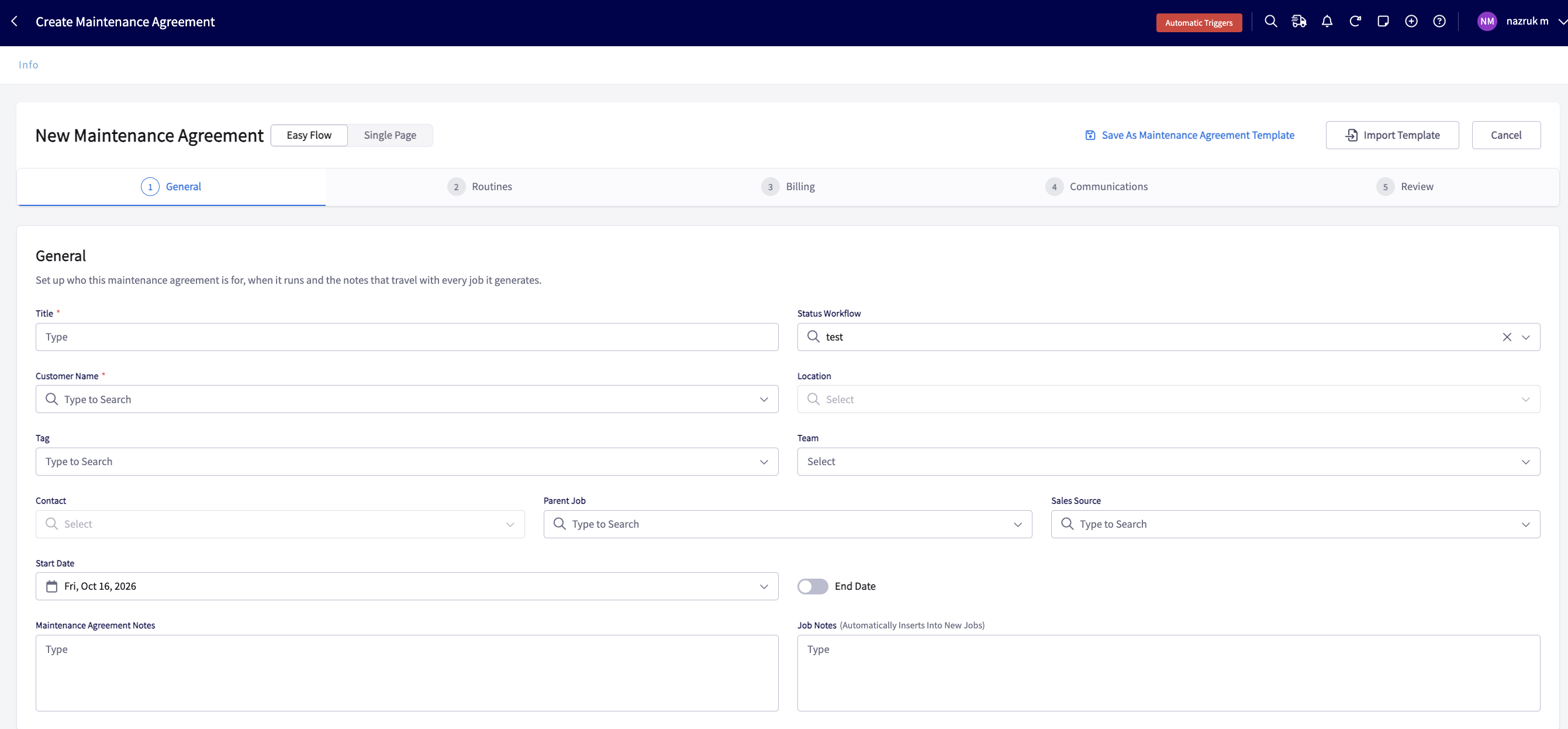 The General step of the New Maintenance Agreement form with the Title, Status Workflow, Customer Name, Location, Contact, Start Date, End Date, Maintenance Agreement Notes, and Job Notes fields