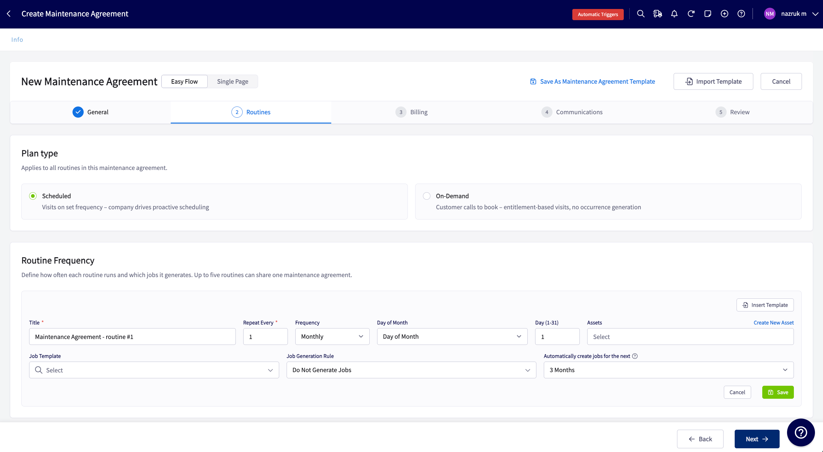 The Routines step with the Scheduled plan type selected and a routine form showing Title, Repeat Every, Frequency, Assets, Job Template, Job Generation Rule, and Automatically create jobs for the next