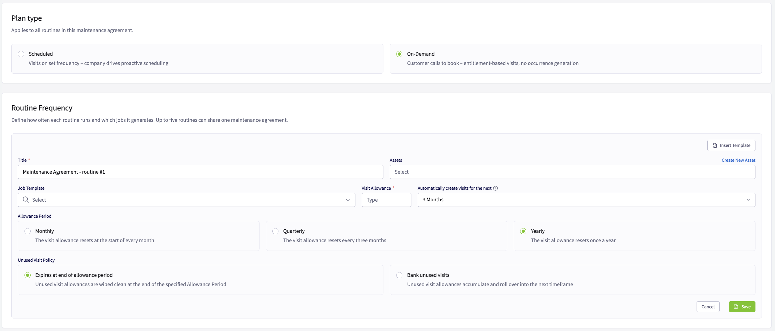 The On-Demand plan type selected with a routine form showing Title, Assets, Job Template, Visit Allowance, Automatically create visits for the next, Allowance Period, and Unused Visit Policy