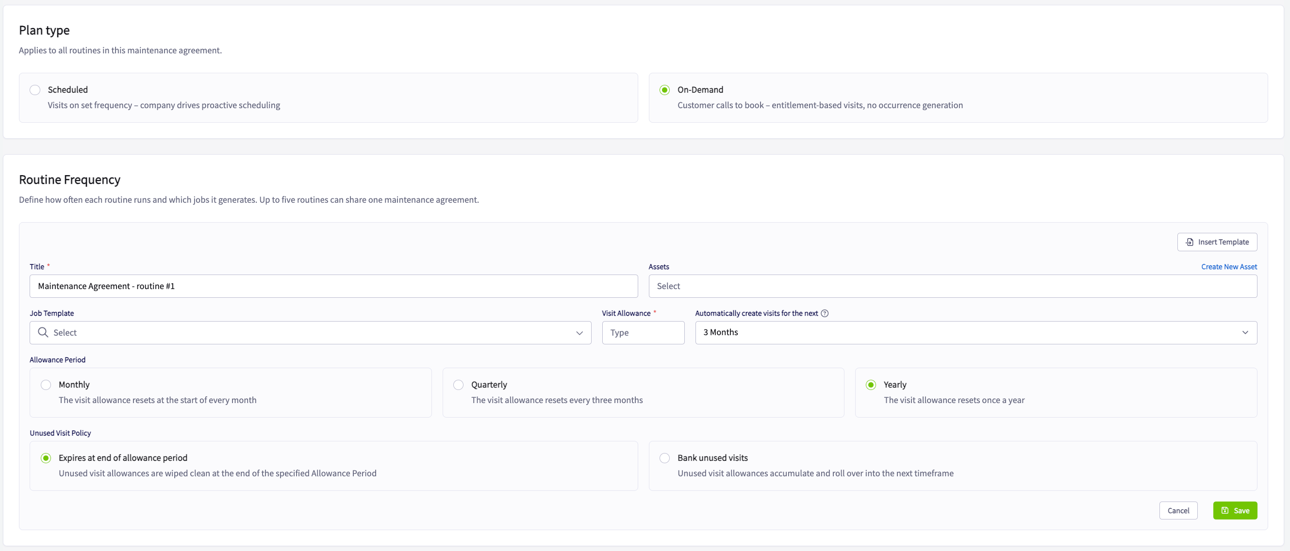 The On-Demand plan type selected with a routine form showing Title, Assets, Job Template, Visit Allowance, Automatically create visits for the next, Allowance Period, and Unused Visit Policy