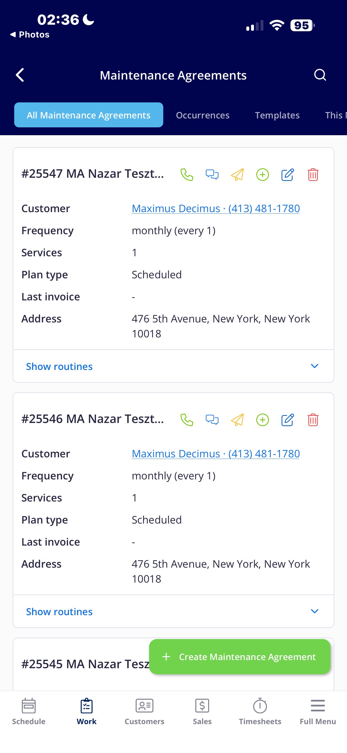 The mobile Maintenance Agreements list with the All Maintenance Agreements, Occurrences, and Templates tabs and the Create Maintenance Agreement button