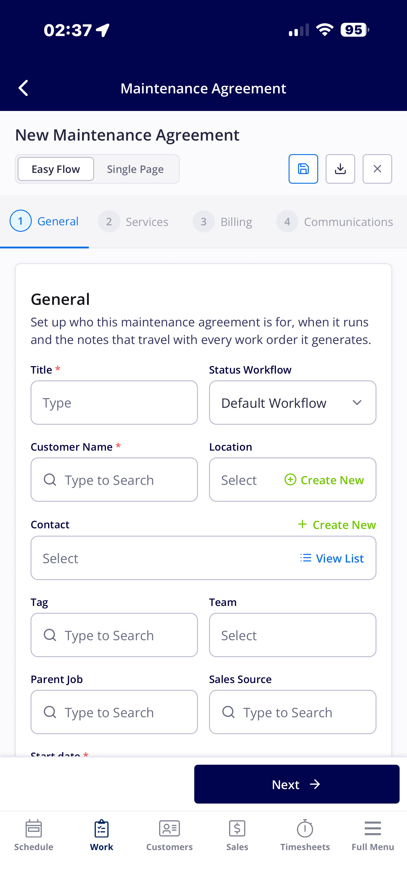 The mobile New Maintenance Agreement form on the General step, with the Easy Flow and Single Page toggle and the Title, Status Workflow, Customer Name, and Location fields