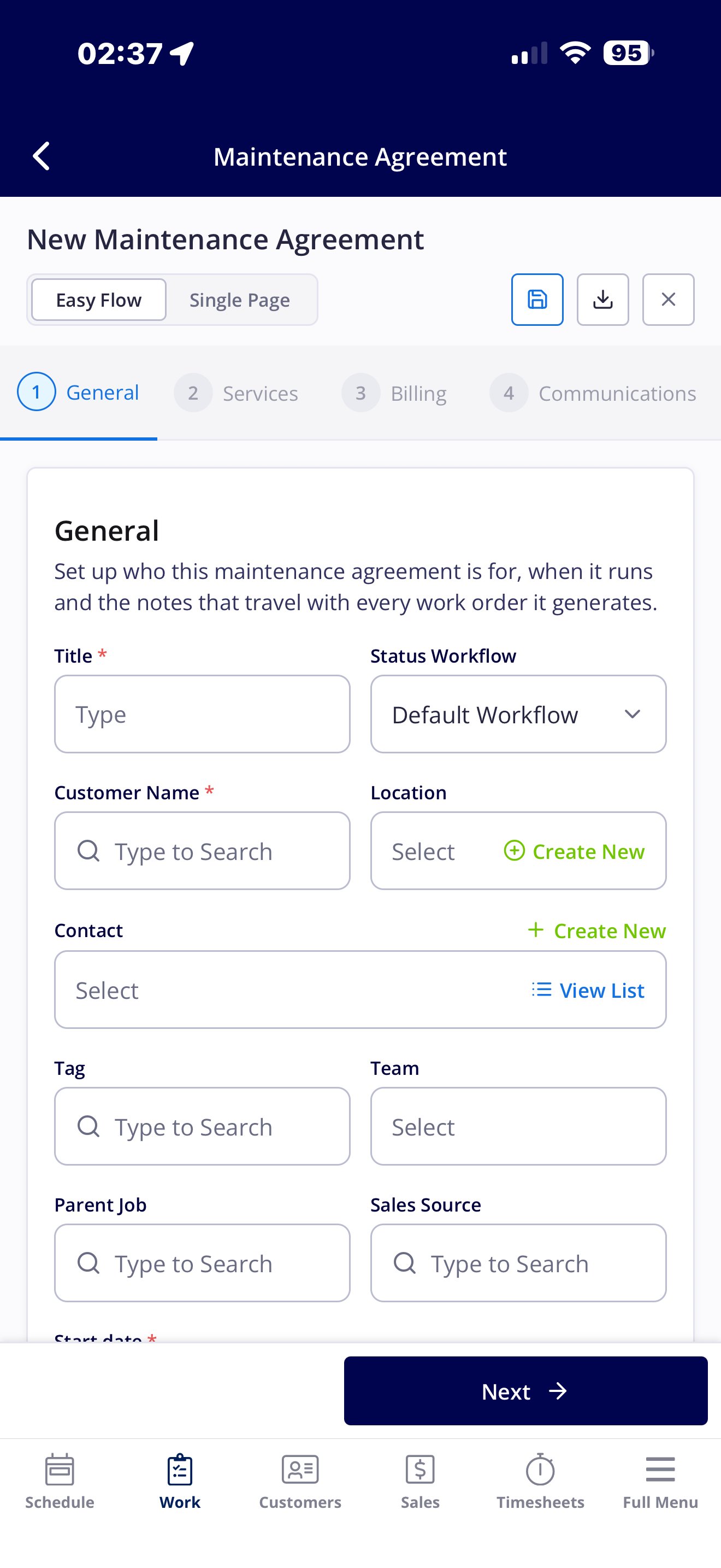The mobile New Maintenance Agreement form on the General step, with the Easy Flow and Single Page toggle and the Title, Status Workflow, Customer Name, and Location fields