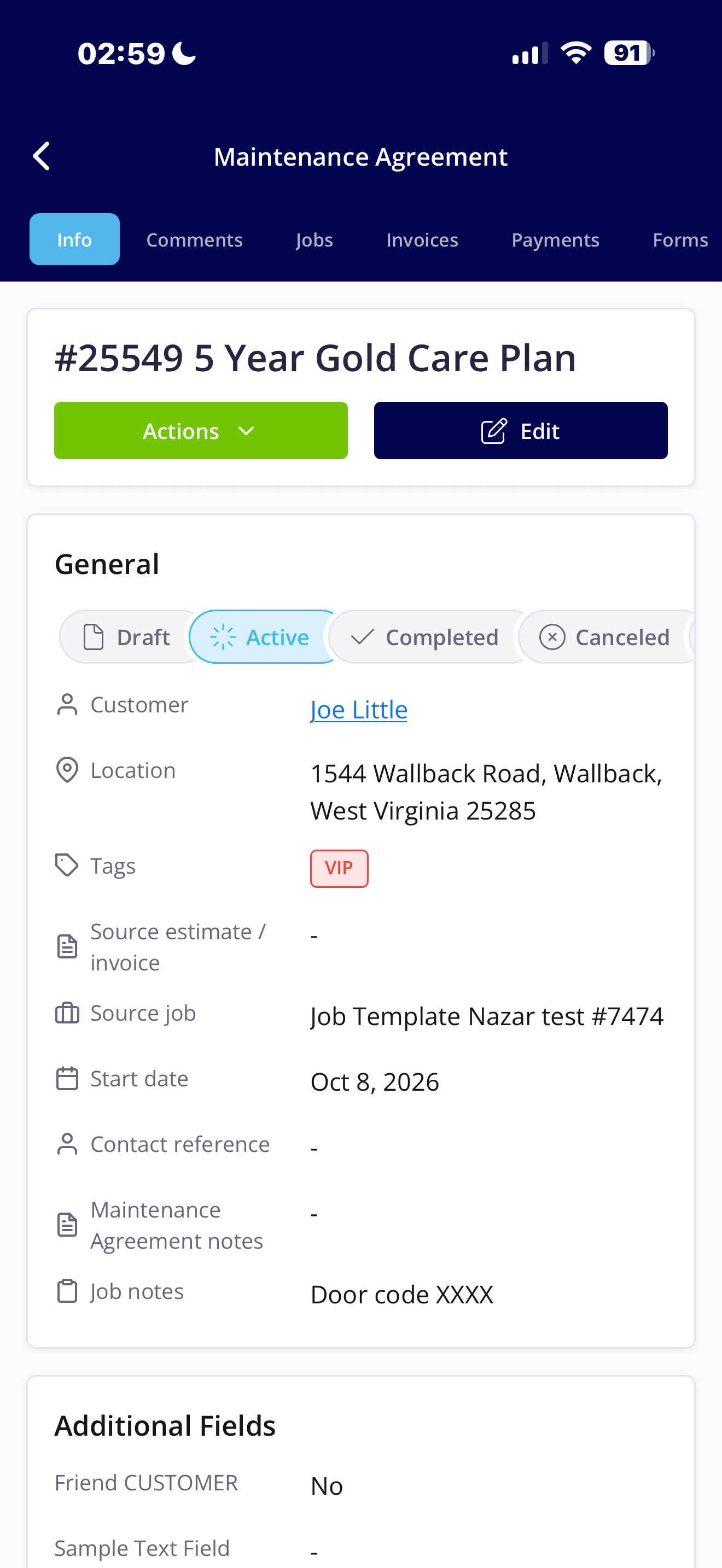 A maintenance agreement record on mobile with the Info, Comments, Jobs, Invoices, Payments, and Forms tabs, the Actions and Edit buttons, and the agreement status bar