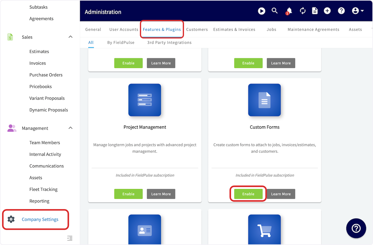 Features and Plug-Ins in Company Settings with the Custom Forms option to enable