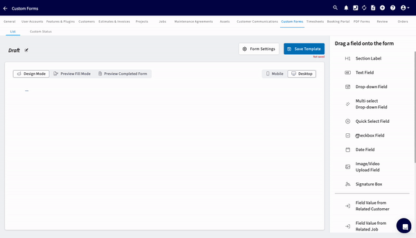 Dragging fields from the side menu onto a blank custom form