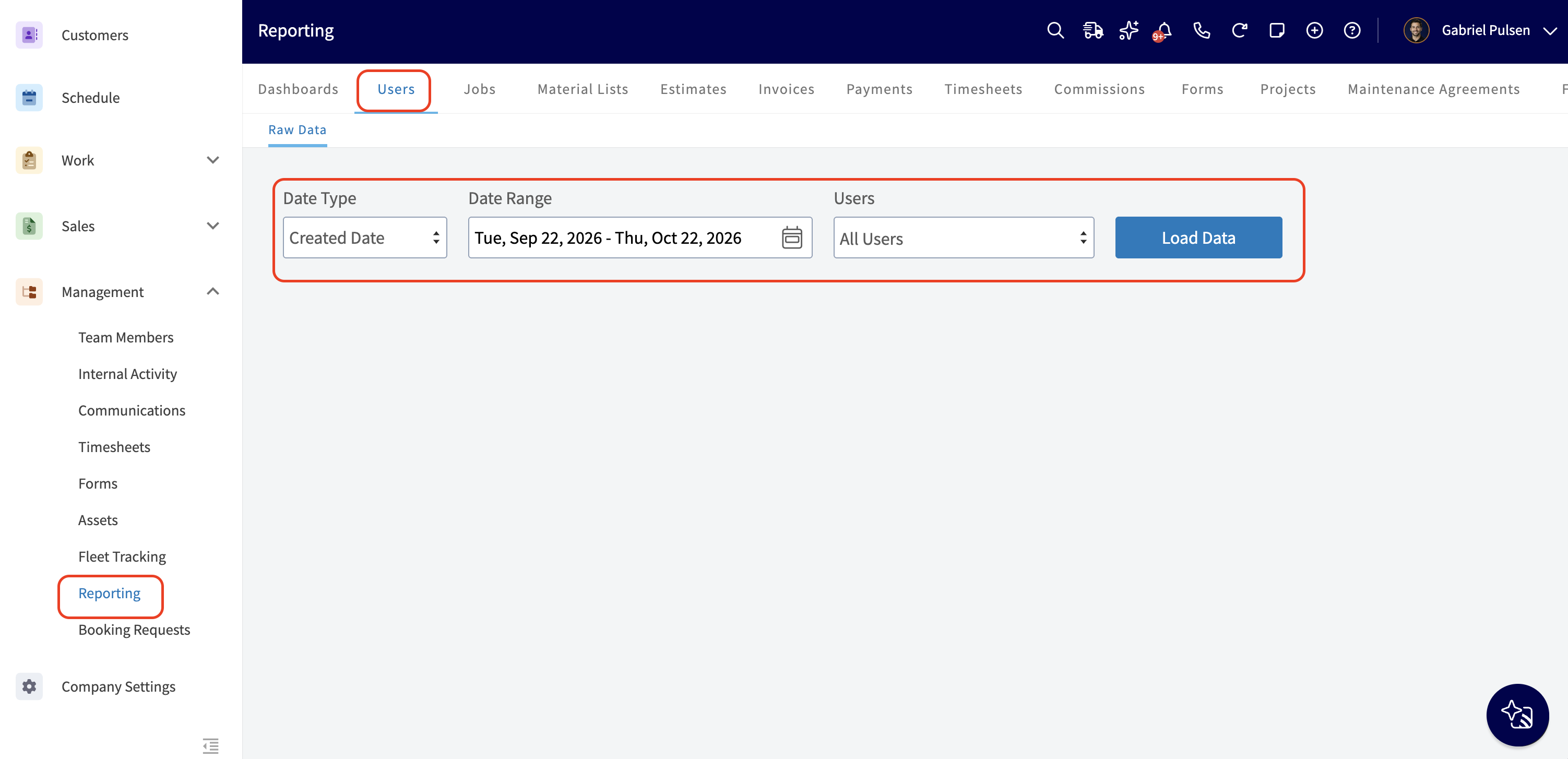 The Users tab open on the Raw Data sub-tab in Reporting, with the Date Type, Date Range, and Users fields and the Load Data button highlighted, and Reporting highlighted under Management in the left-side menu