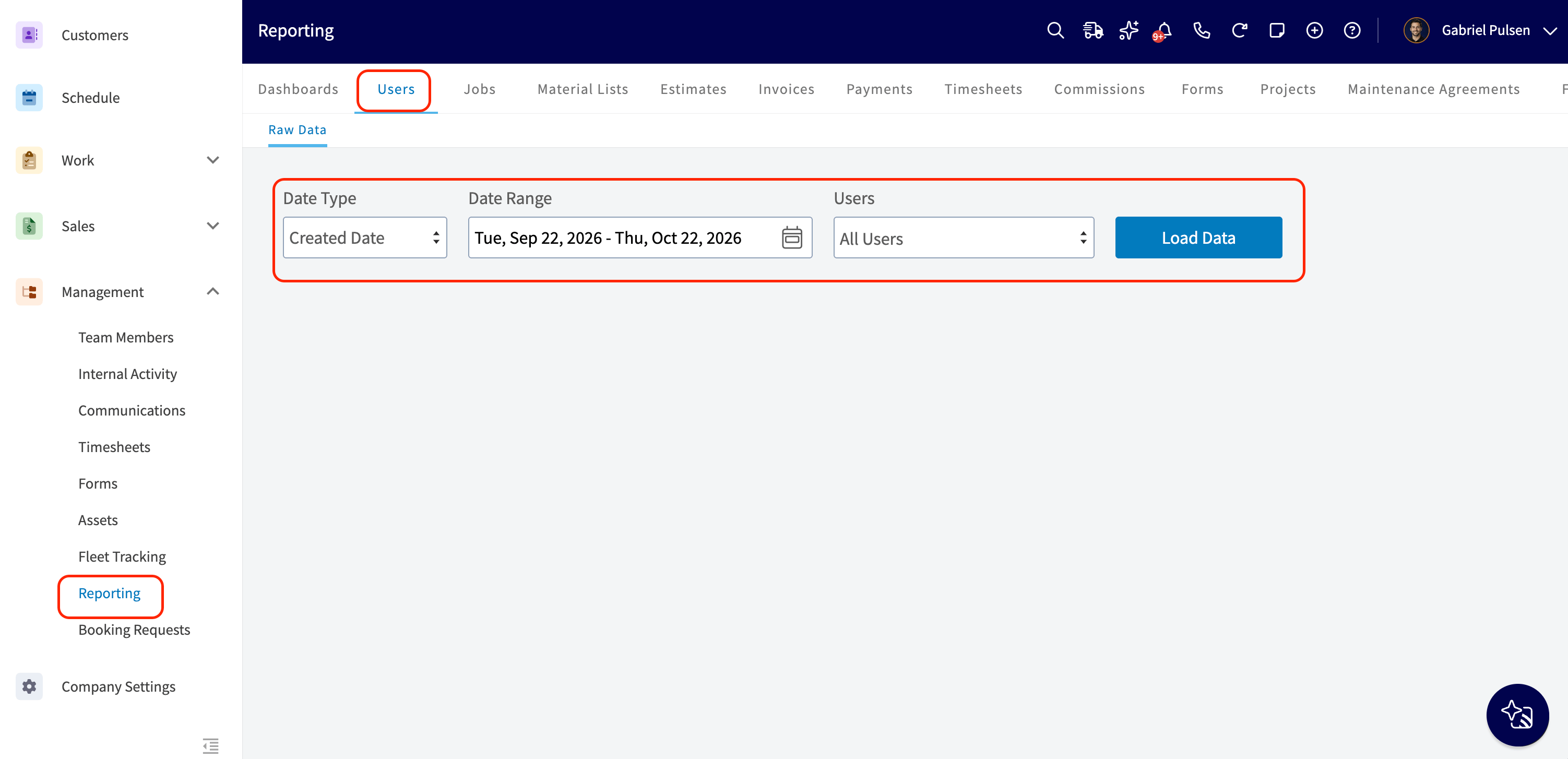 The Users tab open on the Raw Data sub-tab in Reporting, with the Date Type, Date Range, and Users fields and the Load Data button highlighted, and Reporting highlighted under Management in the left-side menu