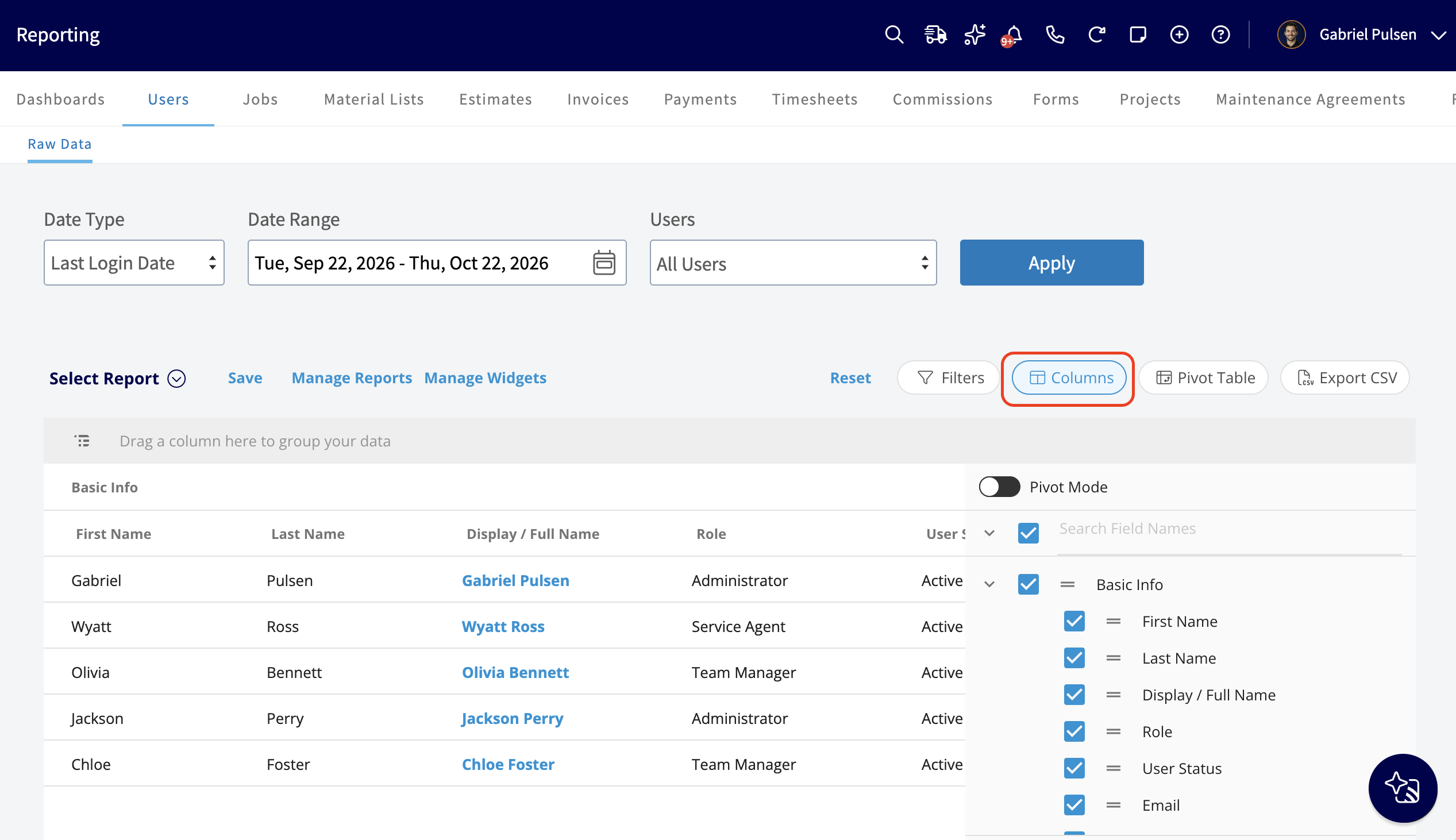 The Columns panel open on the user report, with a checkbox for each Basic Info field and the Columns button highlighted in the toolbar