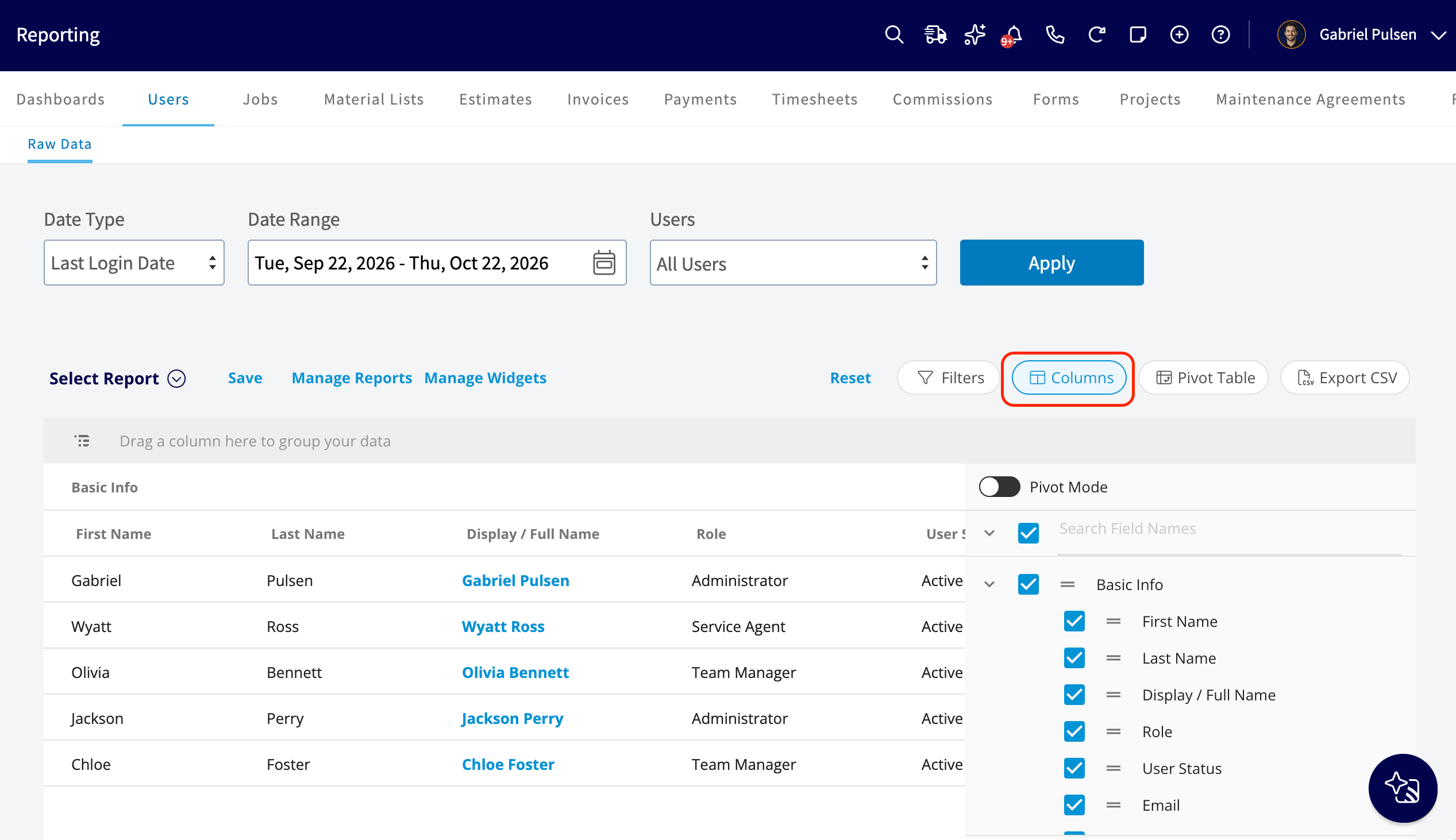 The Columns panel open on the user report, with a checkbox for each Basic Info field and the Columns button highlighted in the toolbar