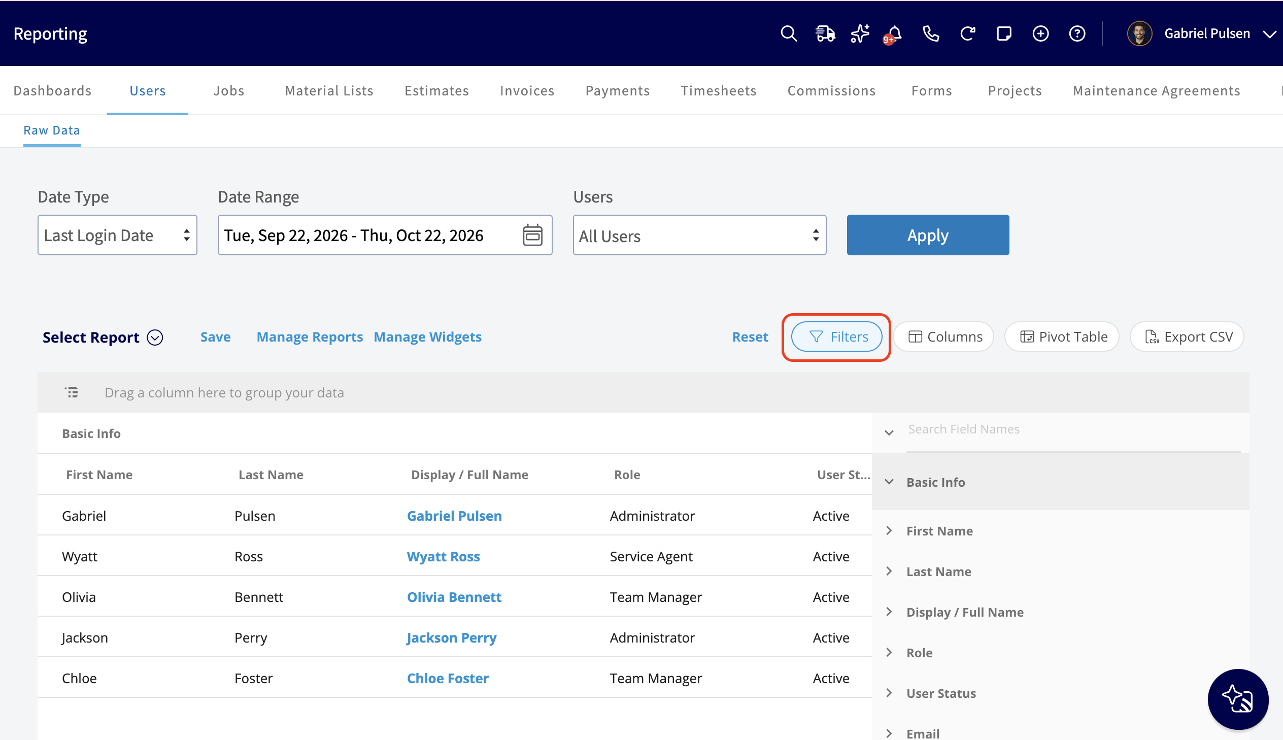 The Filters panel open on the user report, with an expandable list of Basic Info fields and the Filters button highlighted in the toolbar