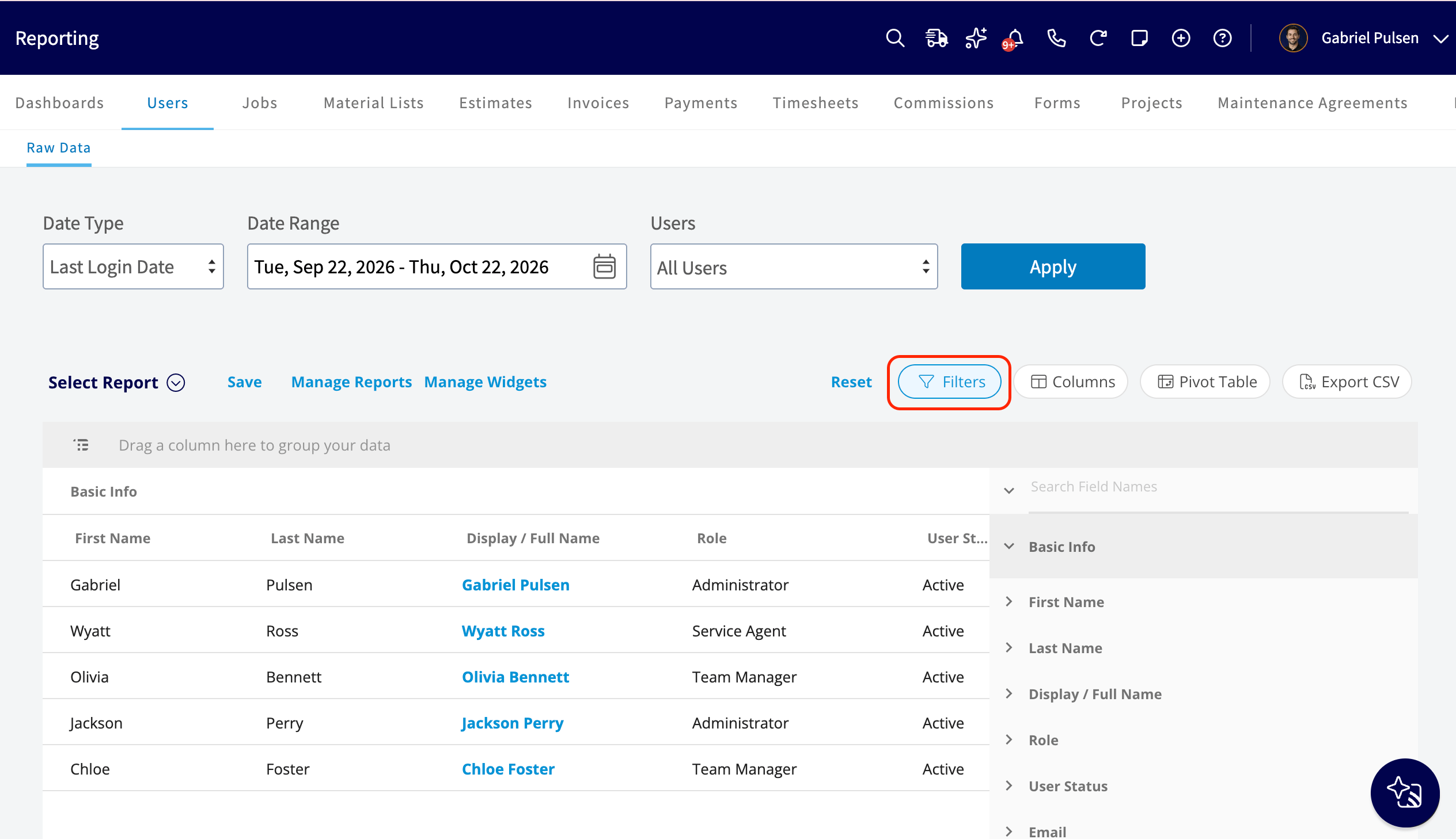 The Filters panel open on the user report, with an expandable list of Basic Info fields and the Filters button highlighted in the toolbar