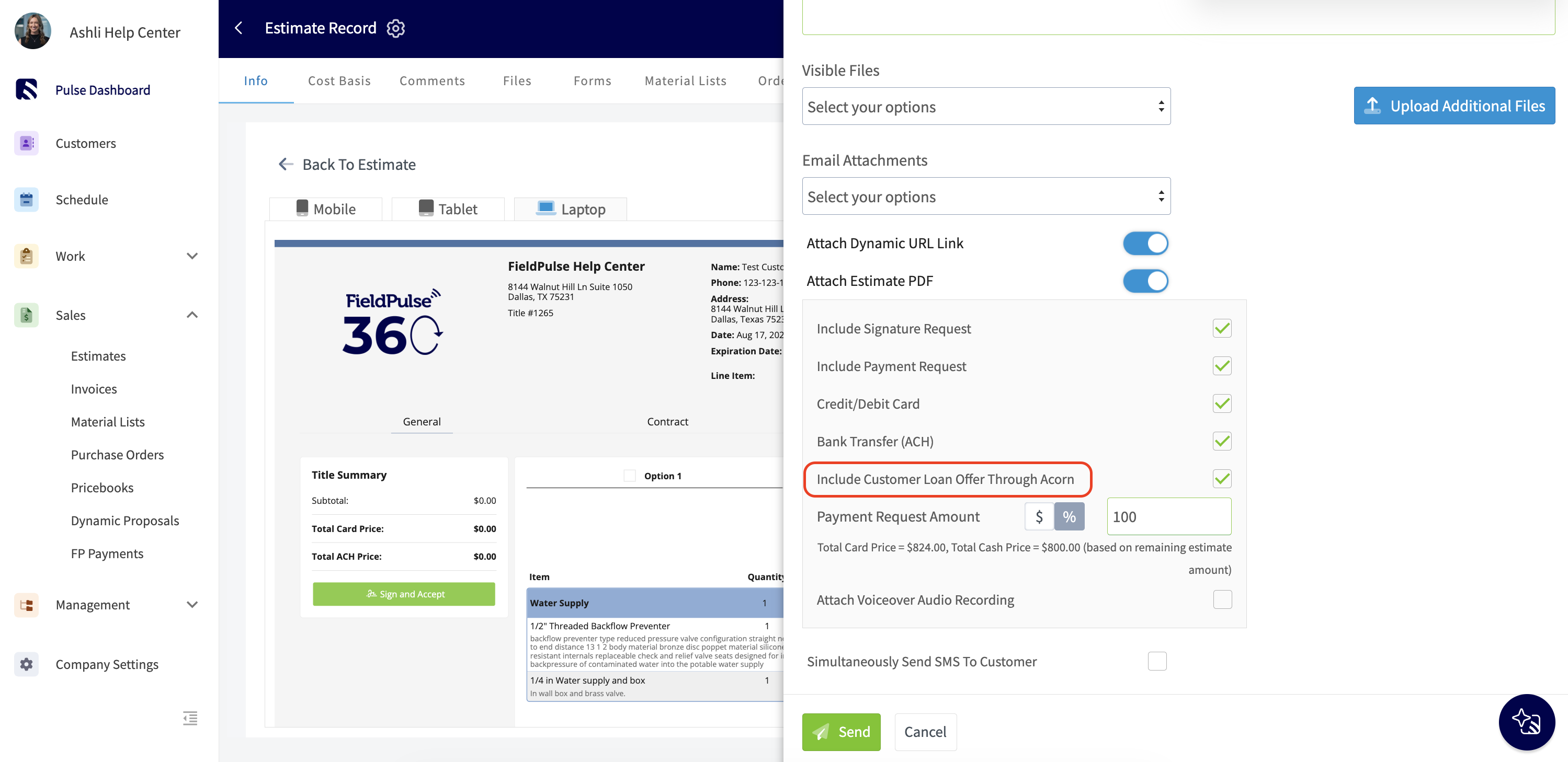 Estimate Record send/email options panel with the "Include Customer Loan Offer Through Acorn" option highlighted with a red box