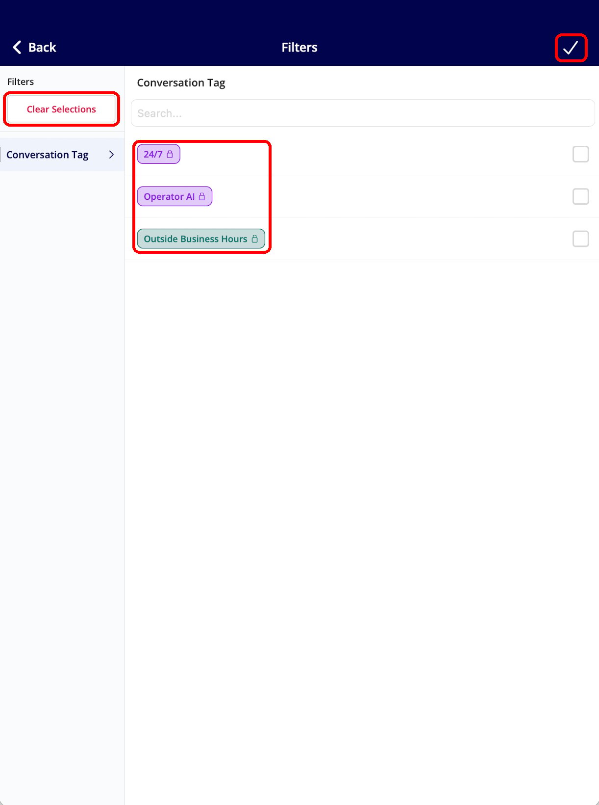 The Engage mobile Filters screen showing the Conversation Tag list with the 24/7, Operator AI, and Outside Business Hours system tags