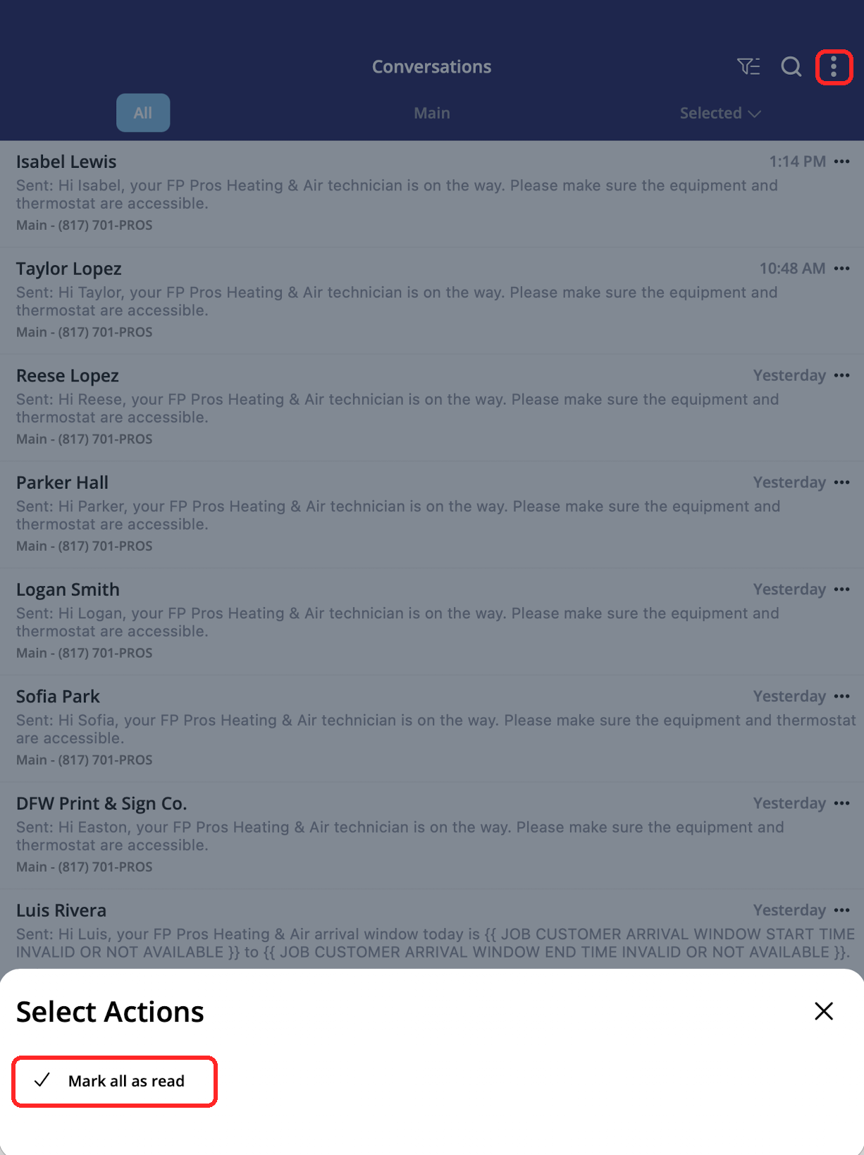 The Select Actions sheet in the Engage mobile app with the Mark all as read option