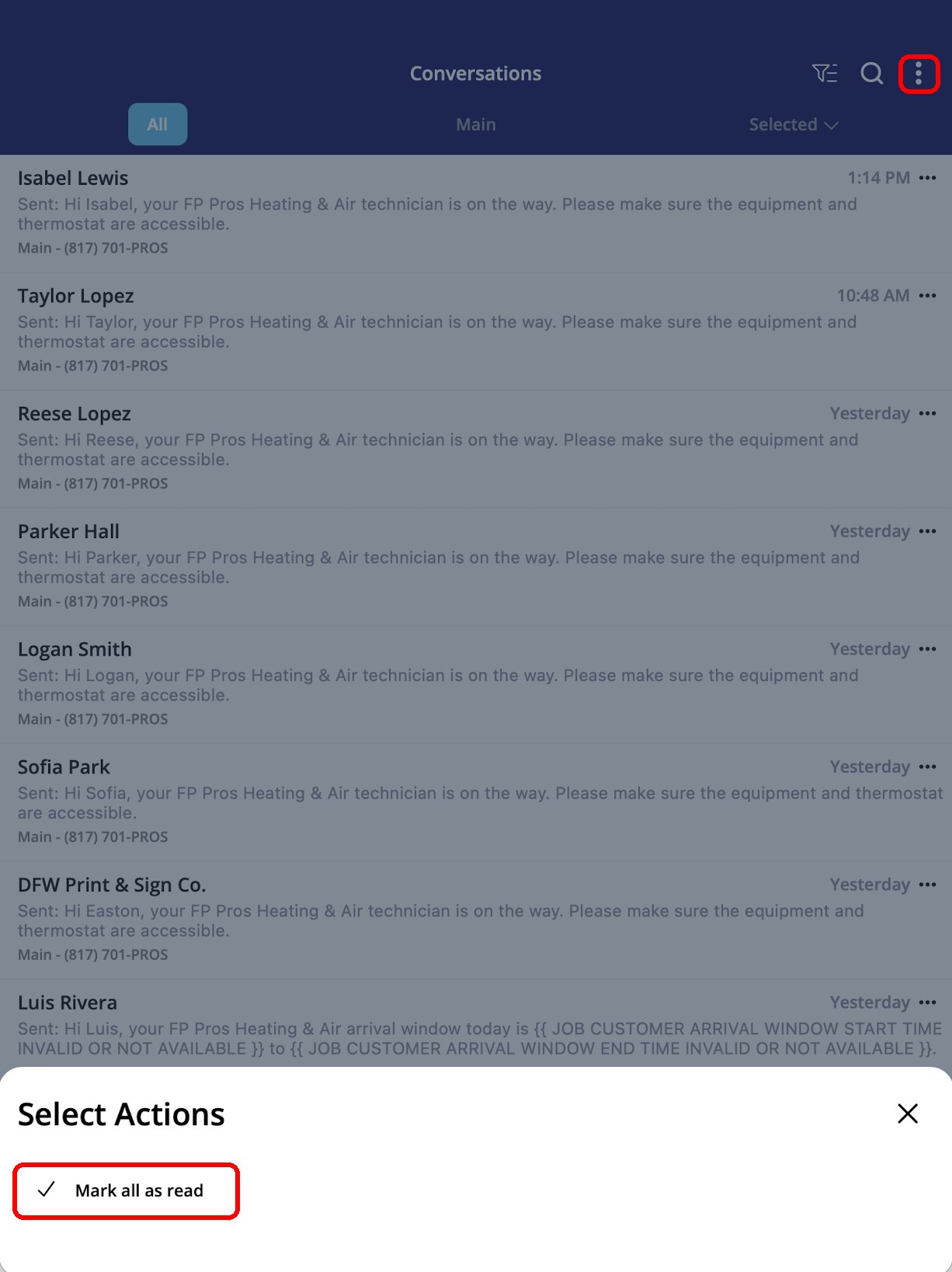 The Select Actions sheet in the Engage mobile app with the Mark all as read option