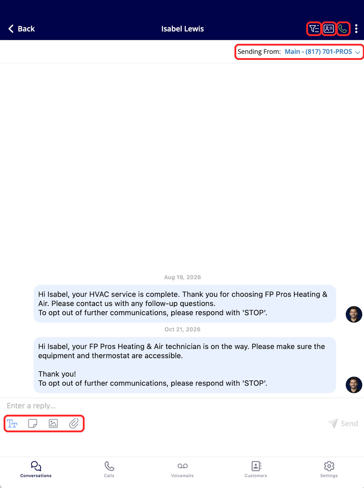 An open Engage conversation with the Sending From phone line selector at the top and the reply box with Send at the bottom