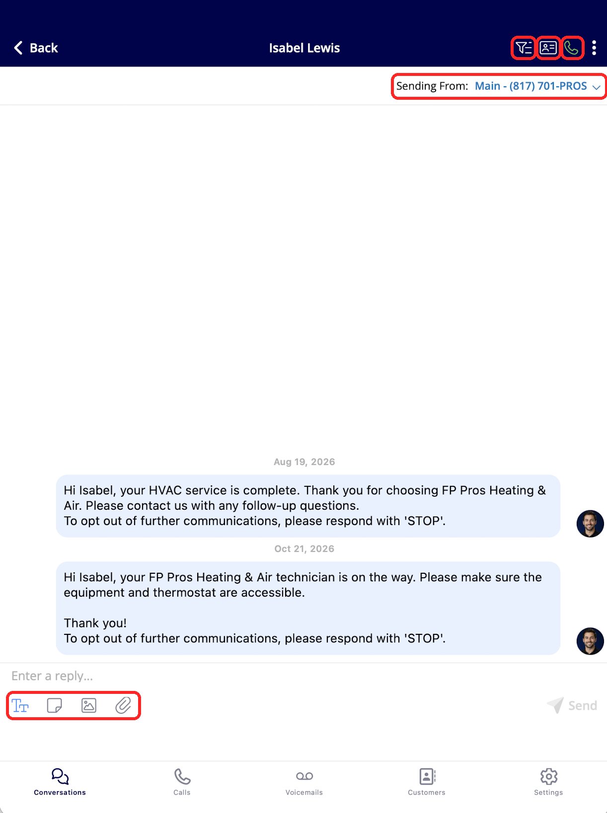 An open Engage conversation with the Sending From phone line selector at the top and the reply box with Send at the bottom