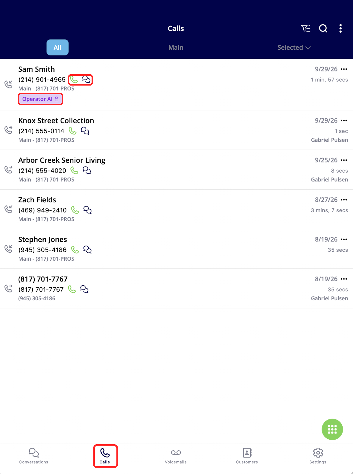 The Engage mobile Calls tab listing incoming and outgoing calls with call and text icons, phone line, tags, and call length
