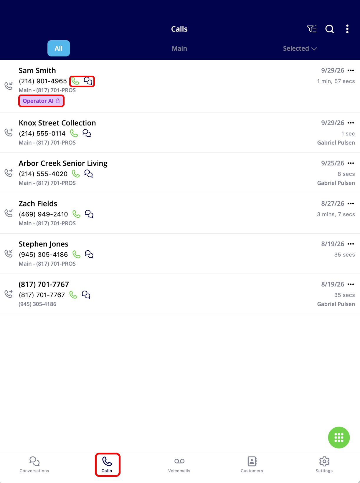The Engage mobile Calls tab listing incoming and outgoing calls with call and text icons, phone line, tags, and call length